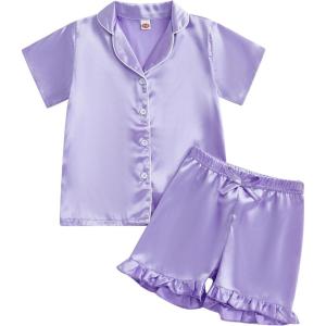 imageKuriozud Toddler Baby Girl Boy Satin Pajamas Set Kids Summer Pjs Set Short Sleeve Button Down Nightwear SleepwearDdpurple