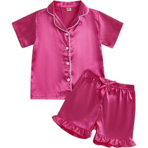 imageKuriozud Toddler Baby Girl Boy Satin Pajamas Set Kids Summer Pjs Set Short Sleeve Button Down Nightwear SleepwearEwatermelon Red