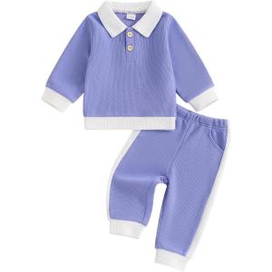 imageKuriozud Toddler Boy Fall Clothes Baby Long Sleeve Lapel Button Shirt Color Block Pocket Pants Set Baby Boy Winter OutfitColor Block Blue