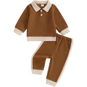imageKuriozud Toddler Boy Fall Clothes Baby Long Sleeve Lapel Button Shirt Color Block Pocket Pants Set Baby Boy Winter OutfitColor Block Brown