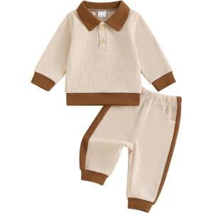 imageKuriozud Toddler Boy Fall Clothes Baby Long Sleeve Lapel Button Shirt Color Block Pocket Pants Set Baby Boy Winter OutfitColor Block Khaki