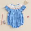 imageKuriozud 4th of July Toddler Baby Girl Outfits Bubble Romper USA Flag Onesie Bodysuit Fourth of July Smocked ClothesBlue American Flag