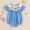 imageKuriozud 4th of July Toddler Baby Girl Outfits Bubble Romper USA Flag Onesie Bodysuit Fourth of July Smocked ClothesBlue American Flag