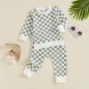 imageKuriozud Toddler Baby Boy Fall Winter Clothes Long Sleeve Crewneck Pullover Sweatshirt Jogger Pants Set 2 Piece OutfitCheckered Green