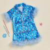 imageKuriozud Toddler Baby Girl Boy 4th of July Outfits Pajamas Set Fourth of july American Flag Button TopsShorts SleepwearStar Blue With Feather Trim