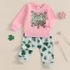 imageKuriozud Toddler Baby Girl Fall Winter Clothes Cute Print Long Sleeve Crewneck Sweatshirt and Jogger Pants Set 2 Piece OutfitSt Patricks Day Lucky Pink