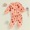 imageKuriozud Toddler Baby Girl Fall Winter Clothes Cute Print Long Sleeve Crewneck Sweatshirt and Jogger Pants Set 2 Piece OutfitStrawberry Light Orange