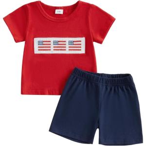 imageKuriozud 4th Of July Baby Boy Girl Outfit Toddler USA Flag Tshirt Top And Plaid Shorts 2pcs Set Fourth Of July ClothesAmerican Flagred