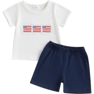 imageKuriozud 4th Of July Baby Boy Girl Outfit Toddler USA Flag Tshirt Top And Plaid Shorts 2pcs Set Fourth Of July ClothesAmerican Flagwhite