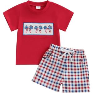 imageKuriozud 4th Of July Baby Boy Girl Outfit Toddler USA Flag Tshirt Top And Plaid Shorts 2pcs Set Fourth Of July ClothesB Bowred