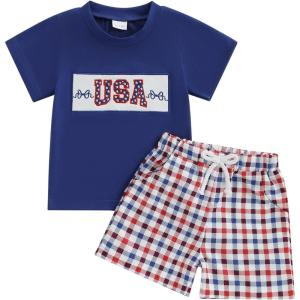 imageKuriozud 4th Of July Baby Boy Girl Outfit Toddler USA Flag Tshirt Top And Plaid Shorts 2pcs Set Fourth Of July ClothesUsablue
