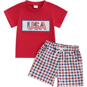imageKuriozud 4th Of July Baby Boy Girl Outfit Toddler USA Flag Tshirt Top And Plaid Shorts 2pcs Set Fourth Of July ClothesUsared