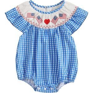 imageKuriozud 4th of July Toddler Baby Girl Outfits Bubble Romper USA Flag Onesie Bodysuit Fourth of July Smocked ClothesBlue American Flag