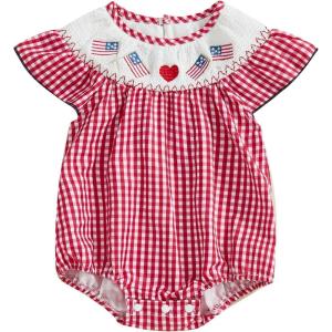 imageKuriozud 4th of July Toddler Baby Girl Outfits Bubble Romper USA Flag Onesie Bodysuit Fourth of July Smocked ClothesRed American Flag