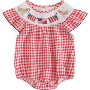 imageKuriozud 4th of July Toddler Baby Girl Outfits Bubble Romper USA Flag Onesie Bodysuit Fourth of July Smocked ClothesRed Dogamerican Flag
