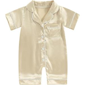 imageKuriozud Baby Girl Boy Silk Pajamas Summer Pjs Stain Onesie Romper OnePiece Jumpsuit Lapel Button Down Sleepwear 024MBeige