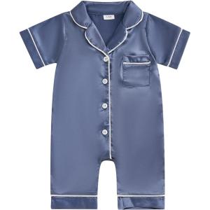 imageKuriozud Baby Girl Boy Silk Pajamas Summer Pjs Stain Onesie Romper OnePiece Jumpsuit Lapel Button Down Sleepwear 024MBlue