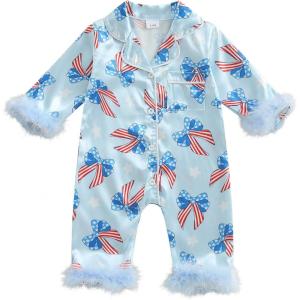 imageKuriozud Baby Girl Boy Silk Pajamas Summer Pjs Stain Onesie Romper OnePiece Jumpsuit Lapel Button Down Sleepwear 024MBlue B