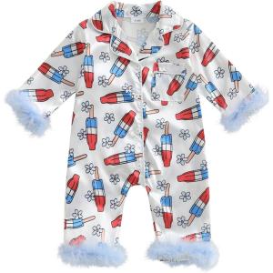 imageKuriozud Baby Girl Boy Silk Pajamas Summer Pjs Stain Onesie Romper OnePiece Jumpsuit Lapel Button Down Sleepwear 024MBlue C
