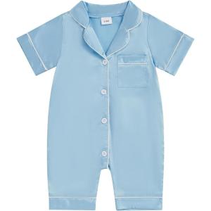 imageKuriozud Baby Girl Boy Silk Pajamas Summer Pjs Stain Onesie Romper OnePiece Jumpsuit Lapel Button Down Sleepwear 024MBlue a