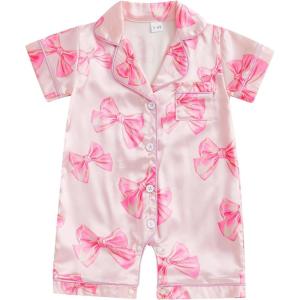 imageKuriozud Baby Girl Boy Silk Pajamas Summer Pjs Stain Onesie Romper OnePiece Jumpsuit Lapel Button Down Sleepwear 024MPink Bow B