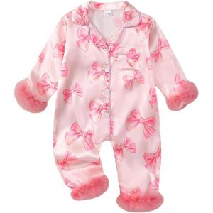 imageKuriozud Baby Girl Boy Silk Pajamas Summer Pjs Stain Onesie Romper OnePiece Jumpsuit Lapel Button Down Sleepwear 024MPink Bow a