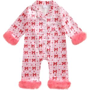 imageKuriozud Baby Girl Boy Silk Pajamas Summer Pjs Stain Onesie Romper OnePiece Jumpsuit Lapel Button Down Sleepwear 024MPink Bowplaid
