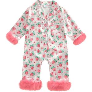 imageKuriozud Baby Girl Boy Silk Pajamas Summer Pjs Stain Onesie Romper OnePiece Jumpsuit Lapel Button Down Sleepwear 024MPink Bowstrawberry