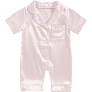 imageKuriozud Baby Girl Boy Silk Pajamas Summer Pjs Stain Onesie Romper OnePiece Jumpsuit Lapel Button Down Sleepwear 024MPink D