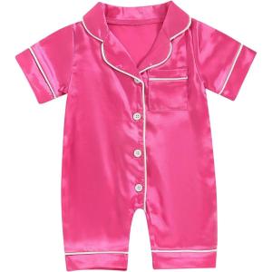 imageKuriozud Baby Girl Boy Silk Pajamas Summer Pjs Stain Onesie Romper OnePiece Jumpsuit Lapel Button Down Sleepwear 024MPink E