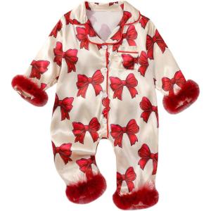 imageKuriozud Baby Girl Boy Silk Pajamas Summer Pjs Stain Onesie Romper OnePiece Jumpsuit Lapel Button Down Sleepwear 024MRed Bow