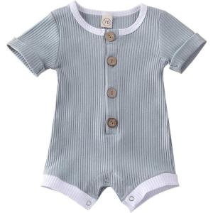 imageKuriozud Newborn Infant Baby Boy Girl Button Ribbed Romper Bodysuit Short Sleeve One Piece Patchwork ClothesBlue