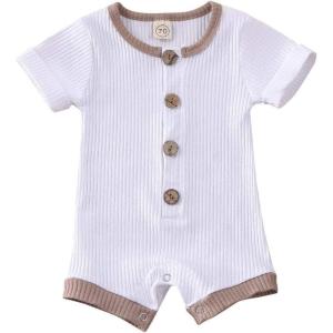 imageKuriozud Newborn Infant Baby Boy Girl Button Ribbed Romper Bodysuit Short Sleeve One Piece Patchwork ClothesWhite