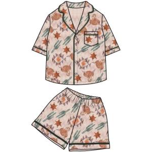 imageKuriozud Toddler Baby 2Pcs Pajamas Set Short Sleeve Cow Print Button Shirt and Shorts Set SleepwearCactus Cow