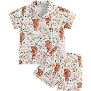 imageKuriozud Toddler Baby 2Pcs Pajamas Set Short Sleeve Cow Print Button Shirt and Shorts Set SleepwearFloral Cow
