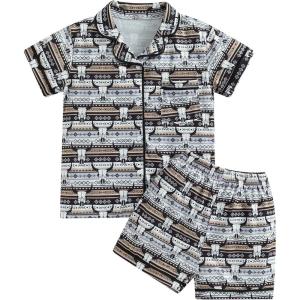 imageKuriozud Toddler Baby 2Pcs Pajamas Set Short Sleeve Cow Print Button Shirt and Shorts Set SleepwearStripes Cow