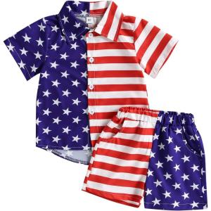 imageKuriozud Toddler Baby Boy 4th JulyHalloweenChristmas Outfits Button Down Shirt Short Pants Set Festivel Clothes4th of July Outfits Classics Usa Flag