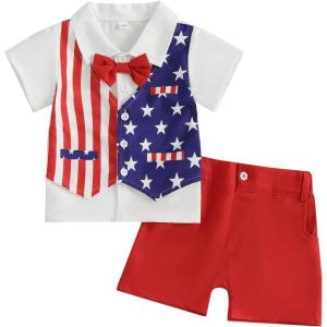 imageKuriozud Toddler Baby Boy 4th JulyHalloweenChristmas Outfits Button Down Shirt Short Pants Set Festivel Clothes4th of July Outfits Flag a