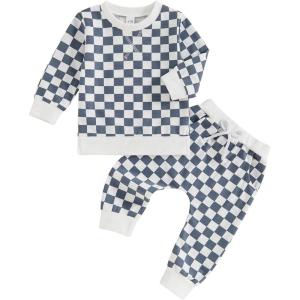 imageKuriozud Toddler Baby Boy Fall Winter Clothes Long Sleeve Crewneck Pullover Sweatshirt Jogger Pants Set 2 Piece OutfitCheckered Blue
