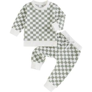 imageKuriozud Toddler Baby Boy Fall Winter Clothes Long Sleeve Crewneck Pullover Sweatshirt Jogger Pants Set 2 Piece OutfitCheckered Green