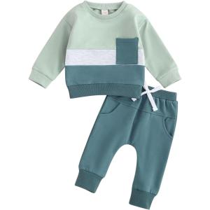imageKuriozud Toddler Baby Boy Fall Winter Clothes Long Sleeve Crewneck Pullover Sweatshirt Jogger Pants Set 2 Piece OutfitColor Block Blue