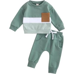 imageKuriozud Toddler Baby Boy Fall Winter Clothes Long Sleeve Crewneck Pullover Sweatshirt Jogger Pants Set 2 Piece OutfitColor Block Green