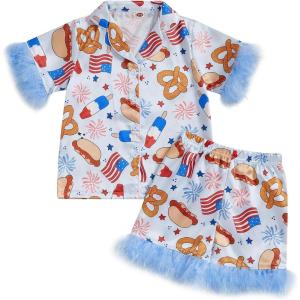 imageKuriozud Toddler Baby Girl Boy 4th of July Outfits Pajamas Set Fourth of july American Flag Button TopsShorts SleepwearAmerican Food Blue