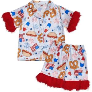 imageKuriozud Toddler Baby Girl Boy 4th of July Outfits Pajamas Set Fourth of july American Flag Button TopsShorts SleepwearAmerican Food Red