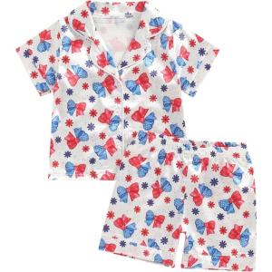 imageKuriozud Toddler Baby Girl Boy 4th of July Outfits Pajamas Set Fourth of july American Flag Button TopsShorts SleepwearButterfly White Red Blue