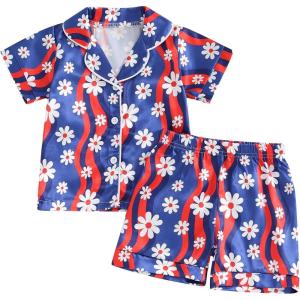imageKuriozud Toddler Baby Girl Boy 4th of July Outfits Pajamas Set Fourth of july American Flag Button TopsShorts SleepwearFlowers Blue