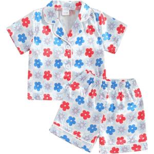 imageKuriozud Toddler Baby Girl Boy 4th of July Outfits Pajamas Set Fourth of july American Flag Button TopsShorts SleepwearFlowers Colorful
