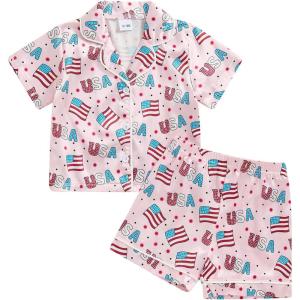imageKuriozud Toddler Baby Girl Boy 4th of July Outfits Pajamas Set Fourth of july American Flag Button TopsShorts SleepwearFlowers Pink