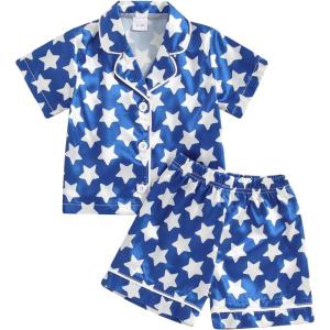 imageKuriozud Toddler Baby Girl Boy 4th of July Outfits Pajamas Set Fourth of july American Flag Button TopsShorts SleepwearStar Blue