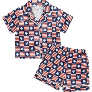 imageKuriozud Toddler Baby Girl Boy 4th of July Outfits Pajamas Set Fourth of july American Flag Button TopsShorts SleepwearStar Red